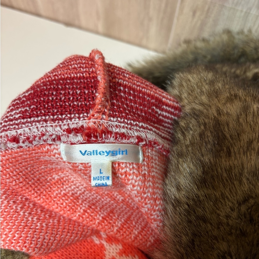 Valleygirl Red Peach Turquoise White and Brown Knit Coat with Faux Fur Hood - Picture 5 of 7